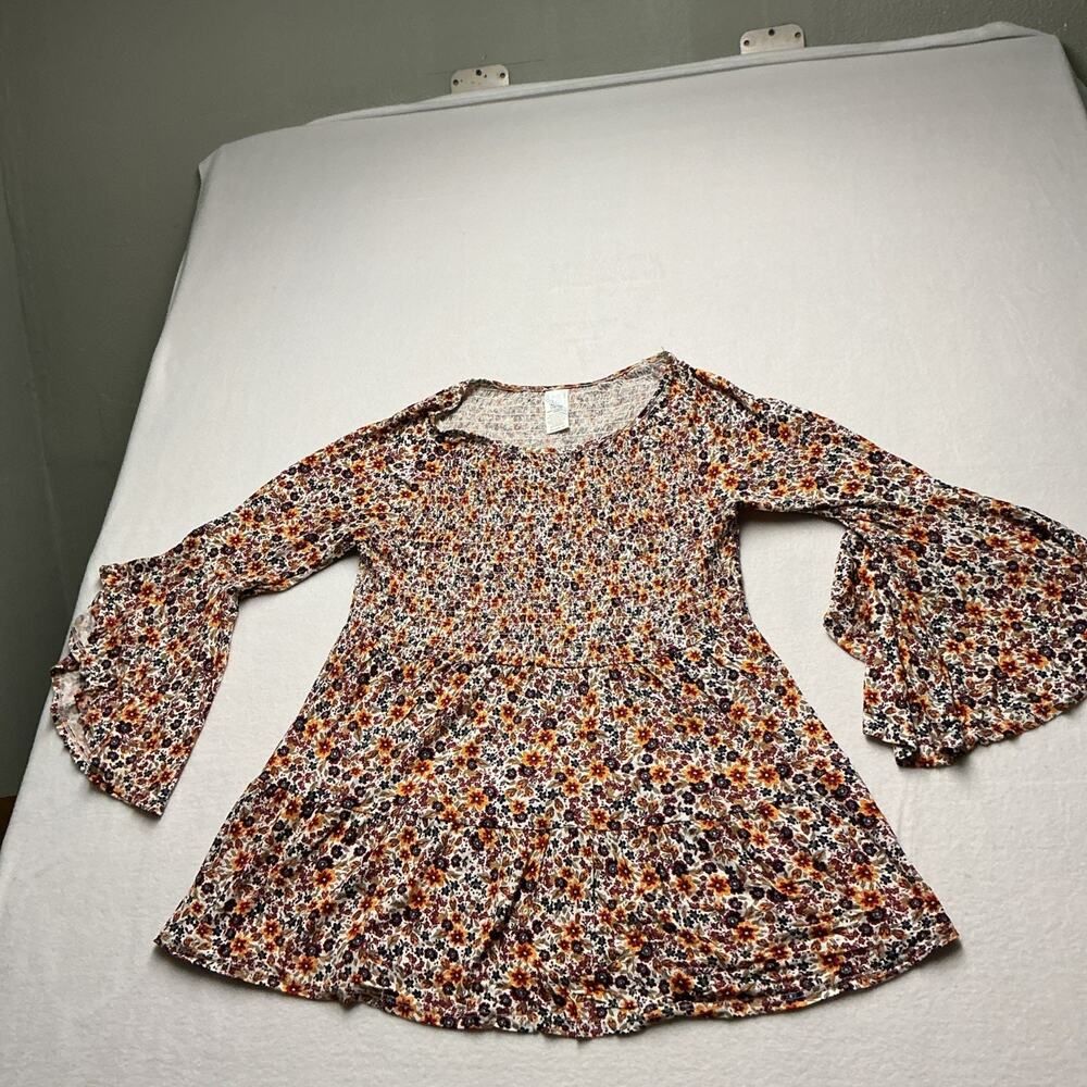 Time &True Orange Black Floral Shirred Peplum Stretchy Blouse Size XL 16/18,3749